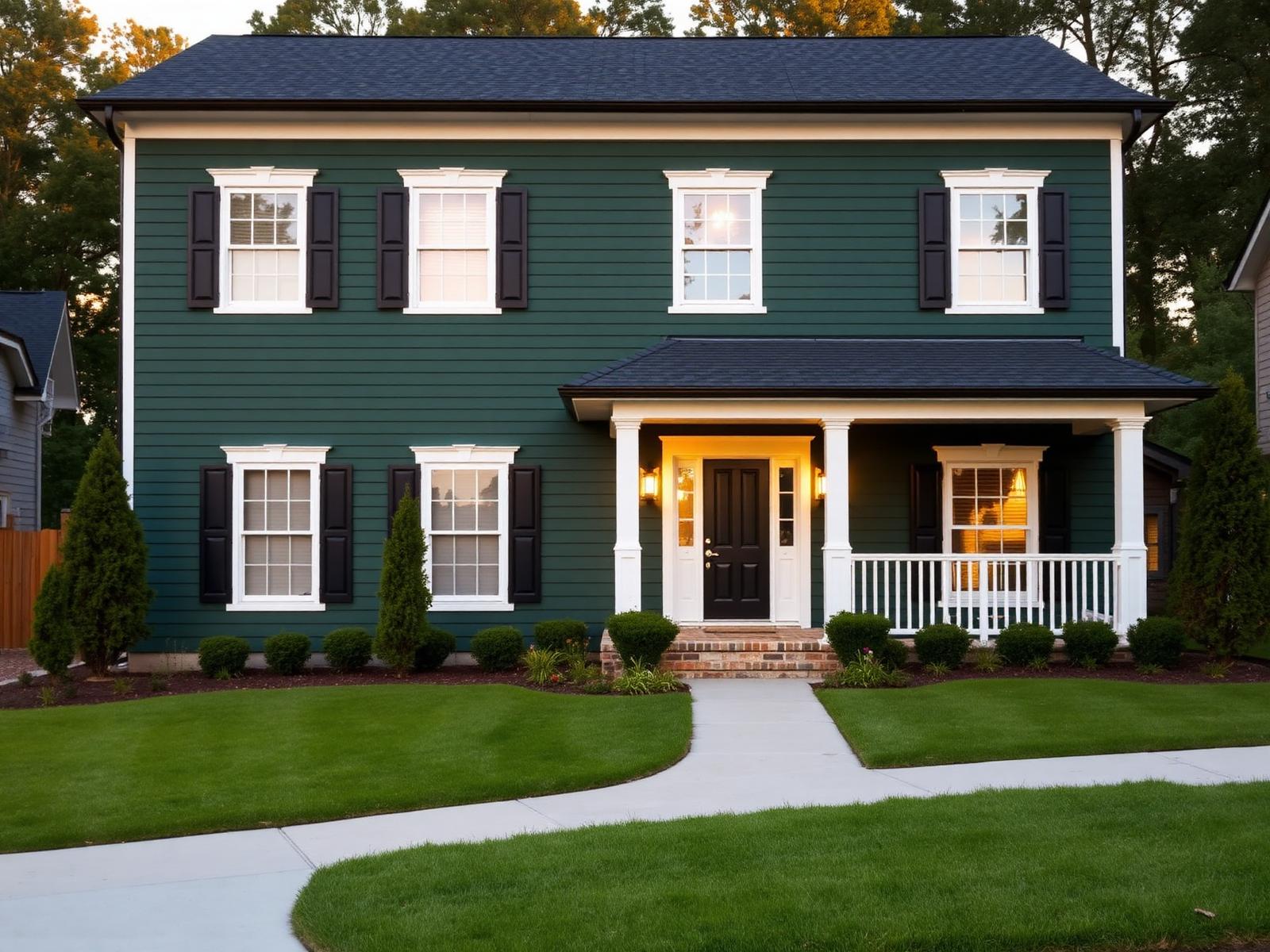 Two-story home freshly painted deep forest green with white trim in Northwest Ohio